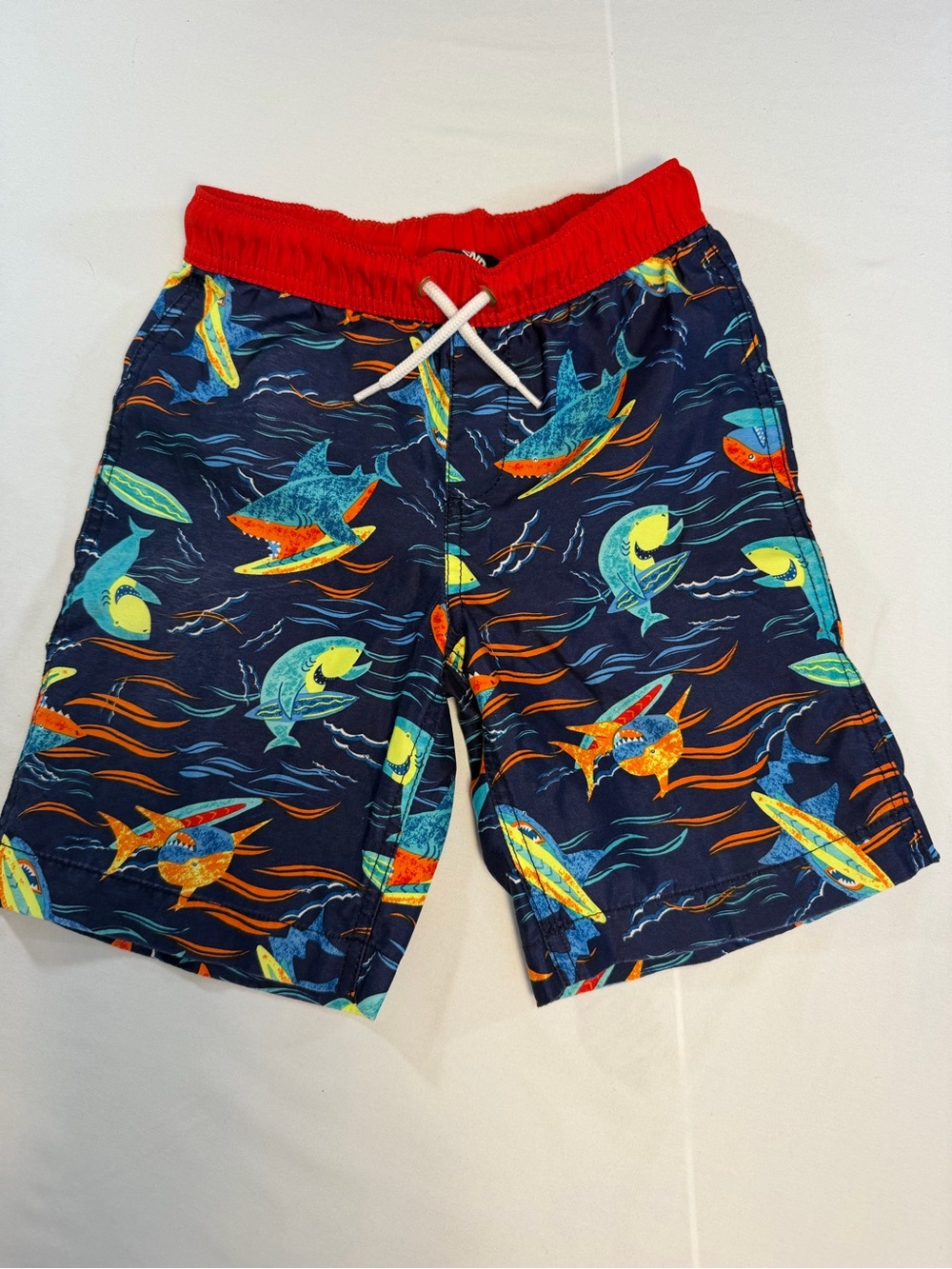 Lands' End Navy Swim Shorts with Red Waistband and Multicolor Shark Print